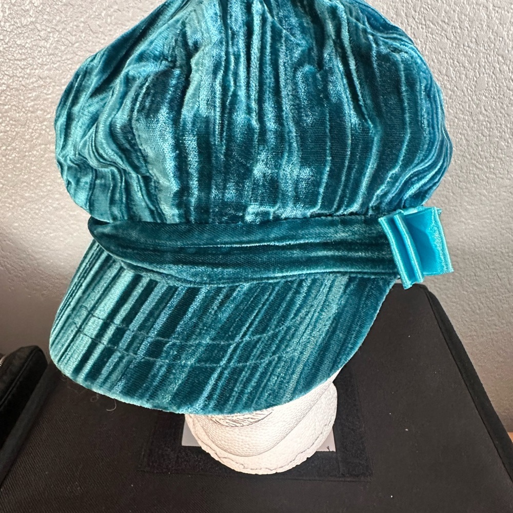 Teal Velvet Cap with Ribbon - Picture 2 of 4